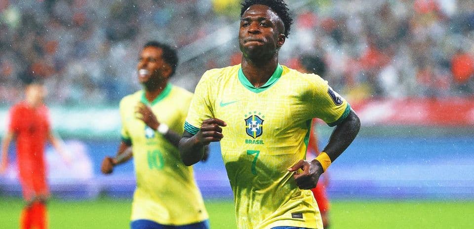Vinicius Jr celebrating during Brazil match