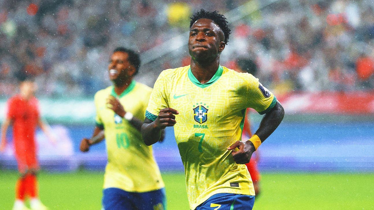 Vinicius Jr celebrating during Brazil match