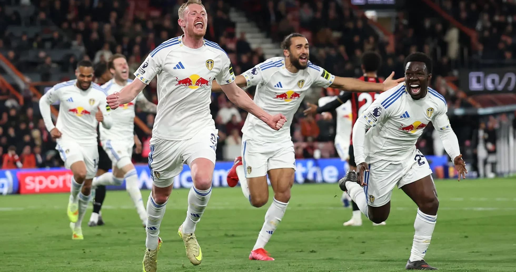 Leeds players celebrating a goal during match
