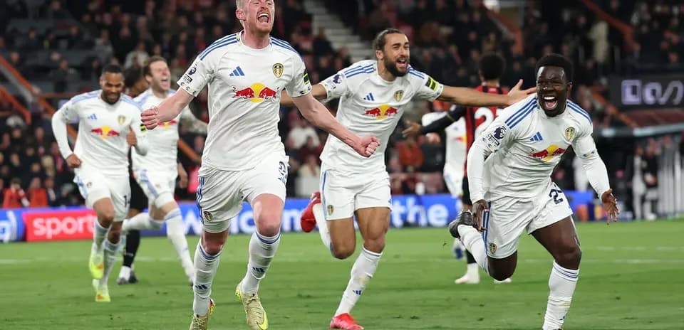 Leeds players celebrating a goal during match