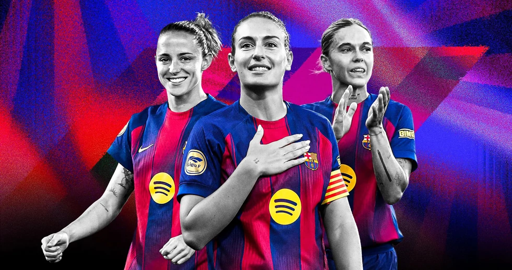 Three FC Barcelona female players in team jerseys