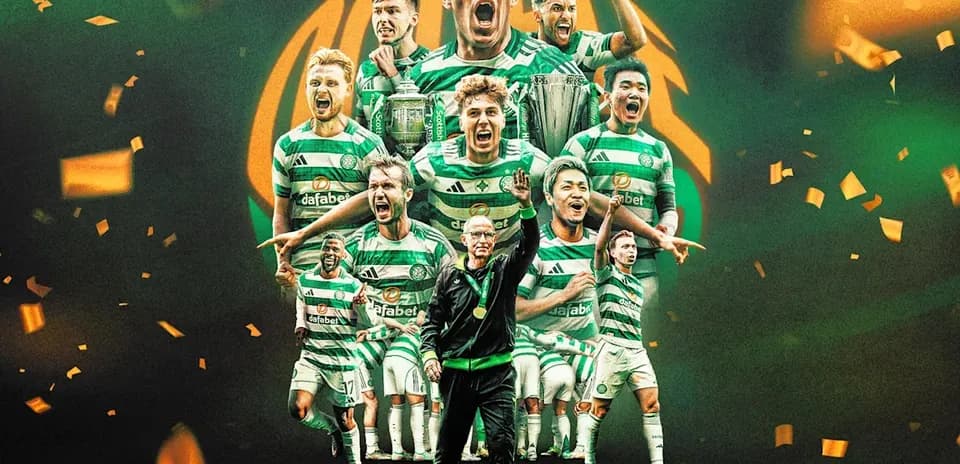Celtic players celebrating with trophy and confetti