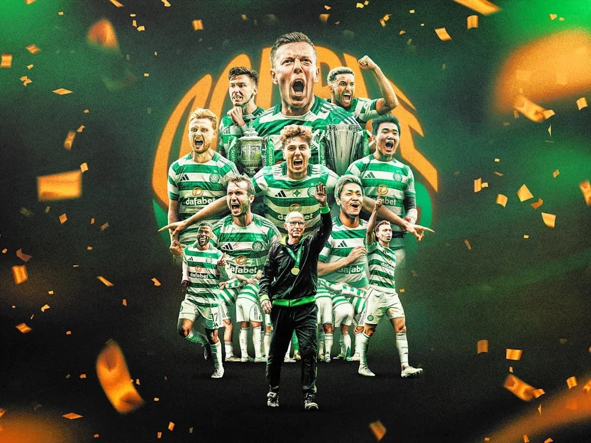 Celtic players celebrating with trophy and confetti