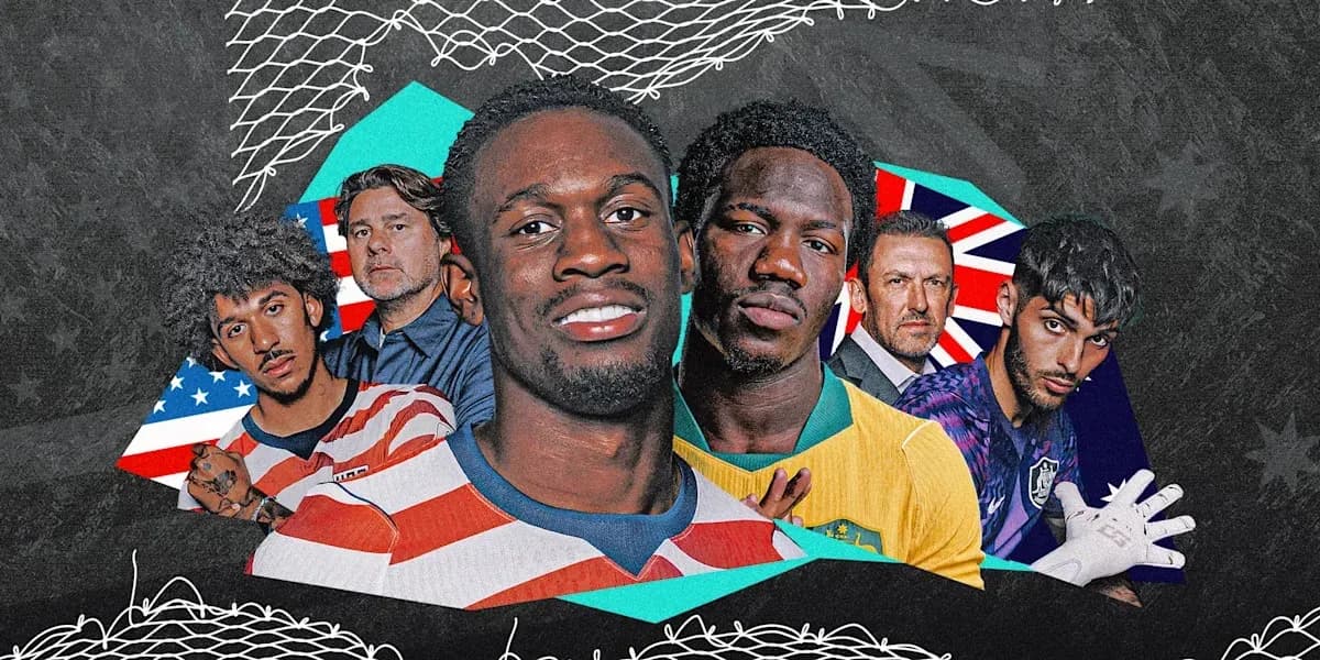 Collage of soccer players and coaches with flags
