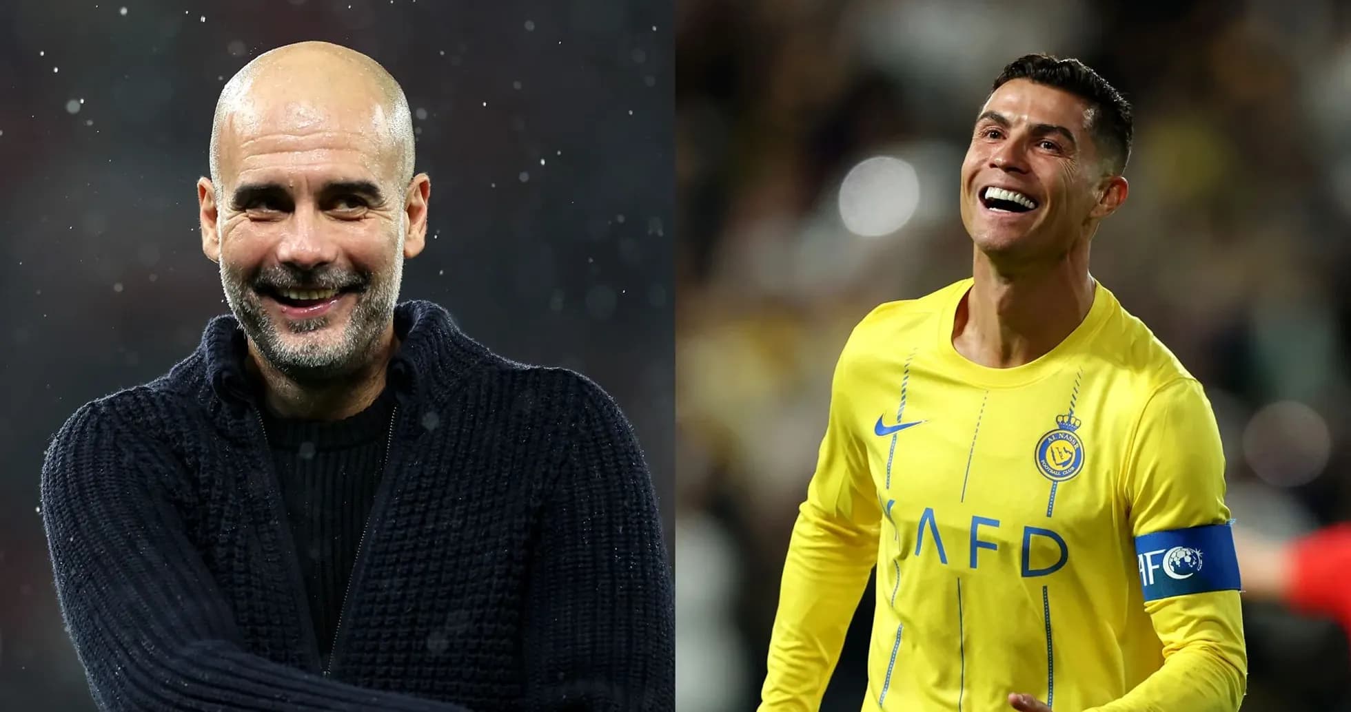Pep Guardiola and Cristiano Ronaldo smiling during match