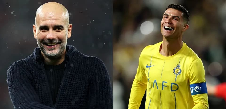 Pep Guardiola and Cristiano Ronaldo smiling during match