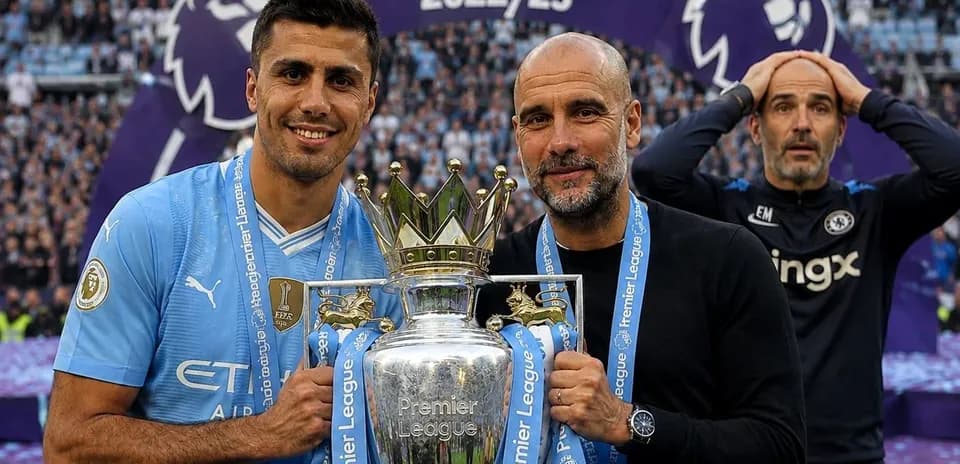 Player and manager celebrating Premier League victory