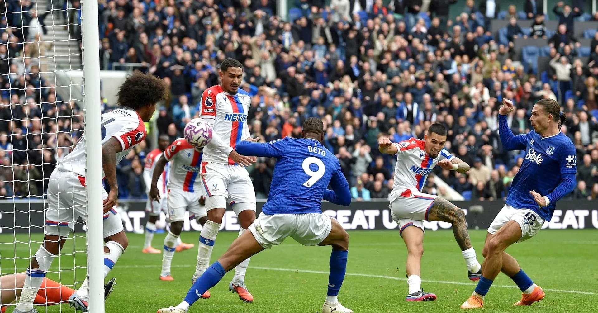 Players contesting a goal during Crystal Palace match