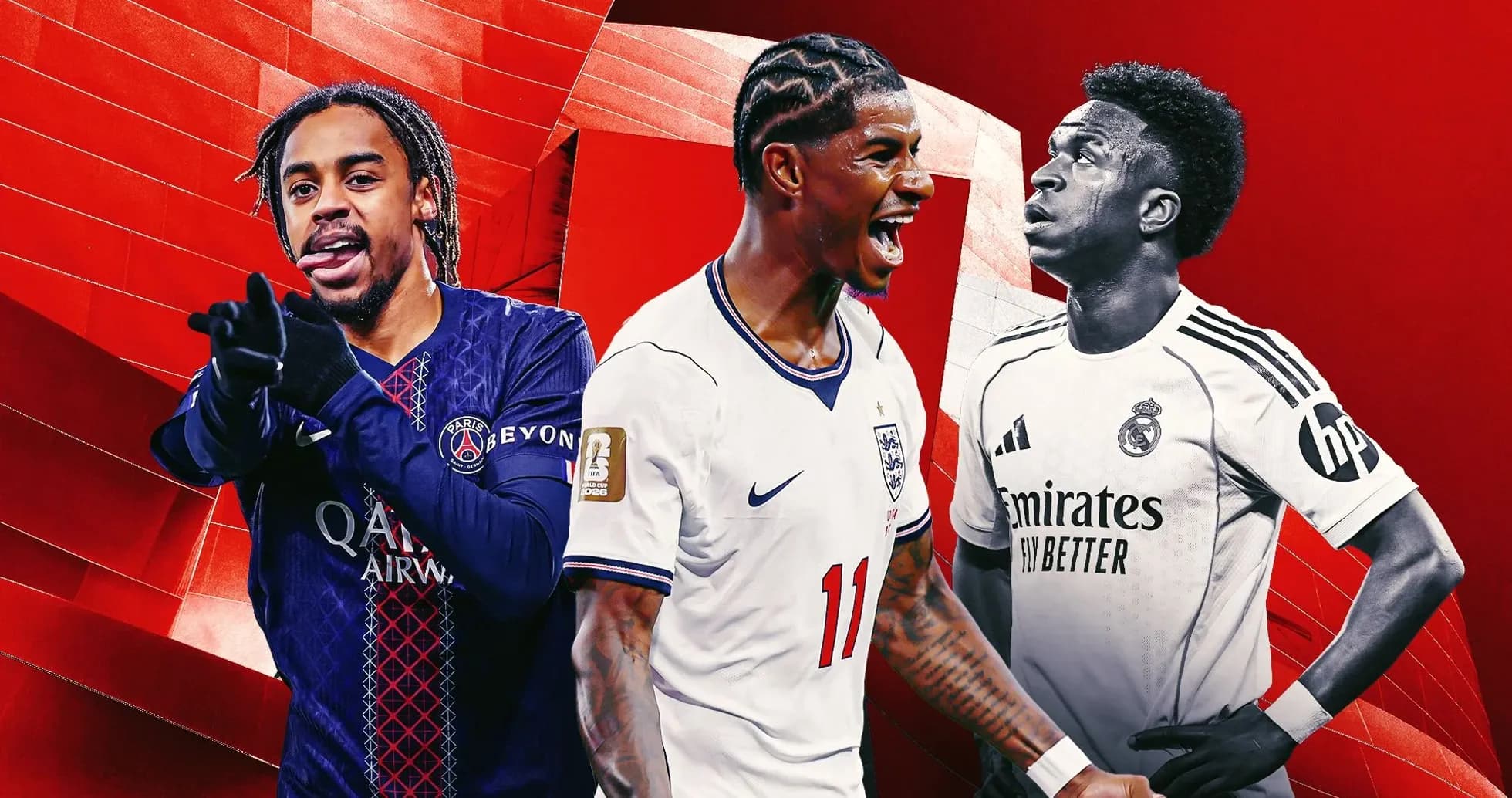 Three football players celebrating in front of red background