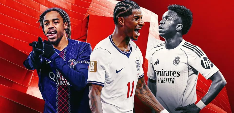 Three football players celebrating in front of red background