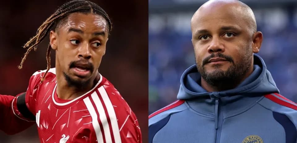 Football player in Liverpool kit and coach in Bayern Munich hoodie