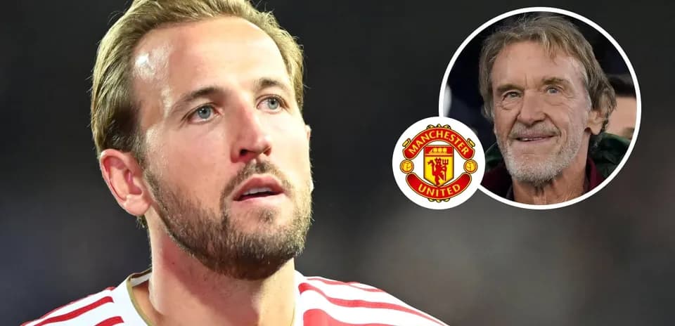 Harry Kane looking up with Manchester United logo