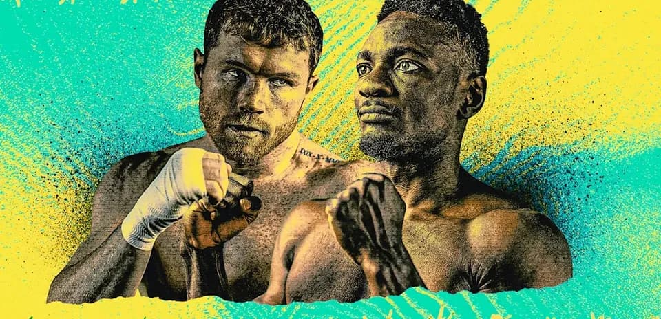 Two boxers posing with fists raised against colorful background