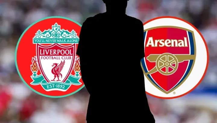 Liverpool and Arsenal logos with silhouette of player