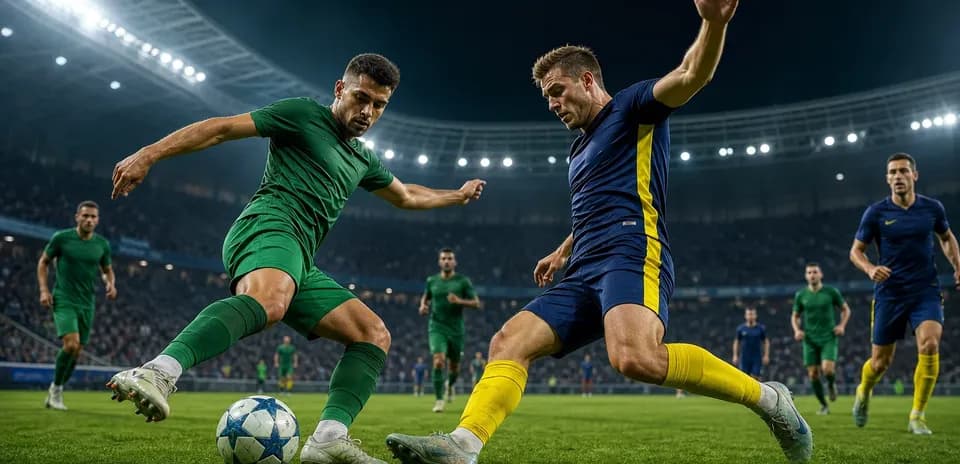Players contesting for the ball in UEFA match