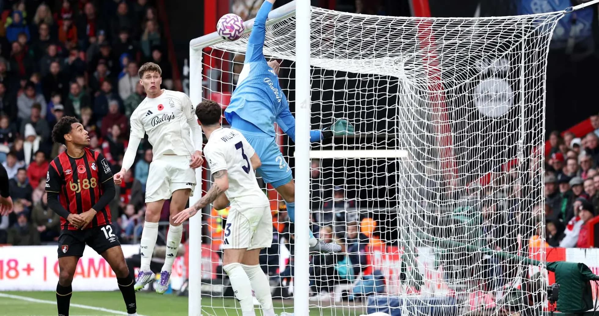 Goalkeeper attempting to save a header during match