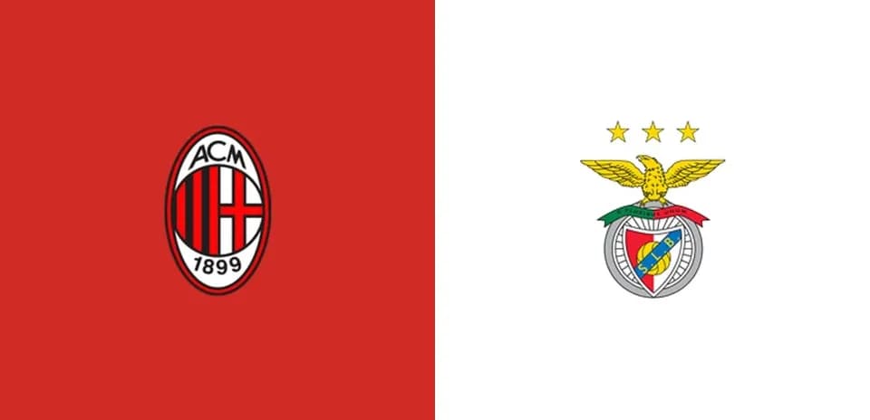 AC Milan and Benfica club logos on colored backgrounds