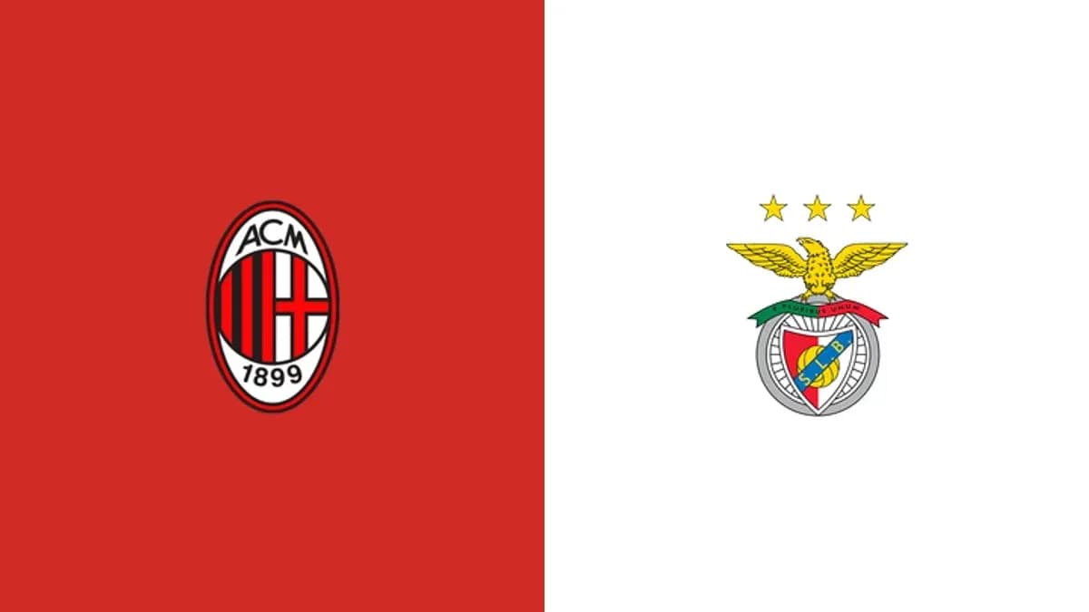 AC Milan and Benfica club logos on colored backgrounds
