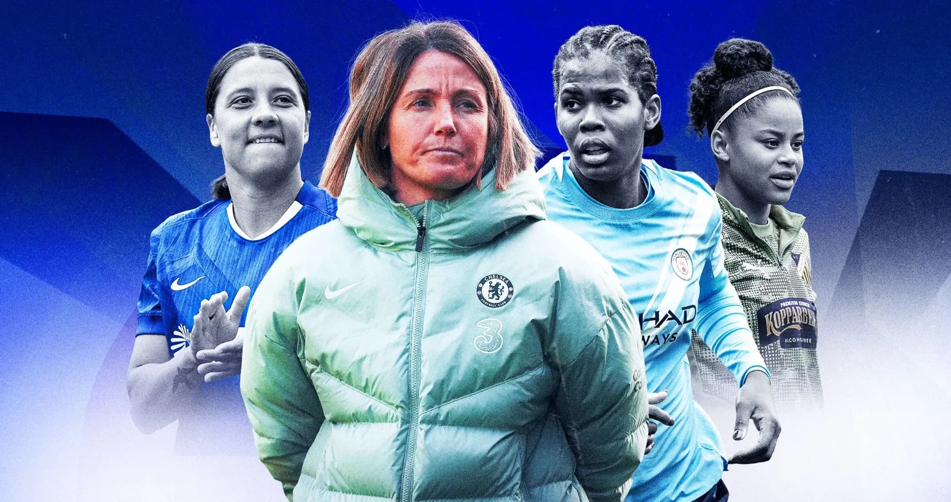 Four female football players and a coach in action