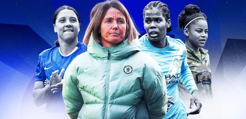 Four female football players and a coach in action