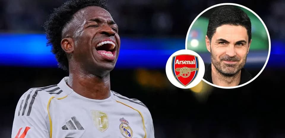 Vinicius Jr celebrating during a match with Arsenal logo