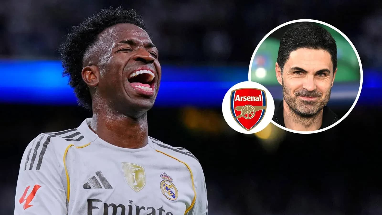 Vinicius Jr celebrating during a match with Arsenal logo