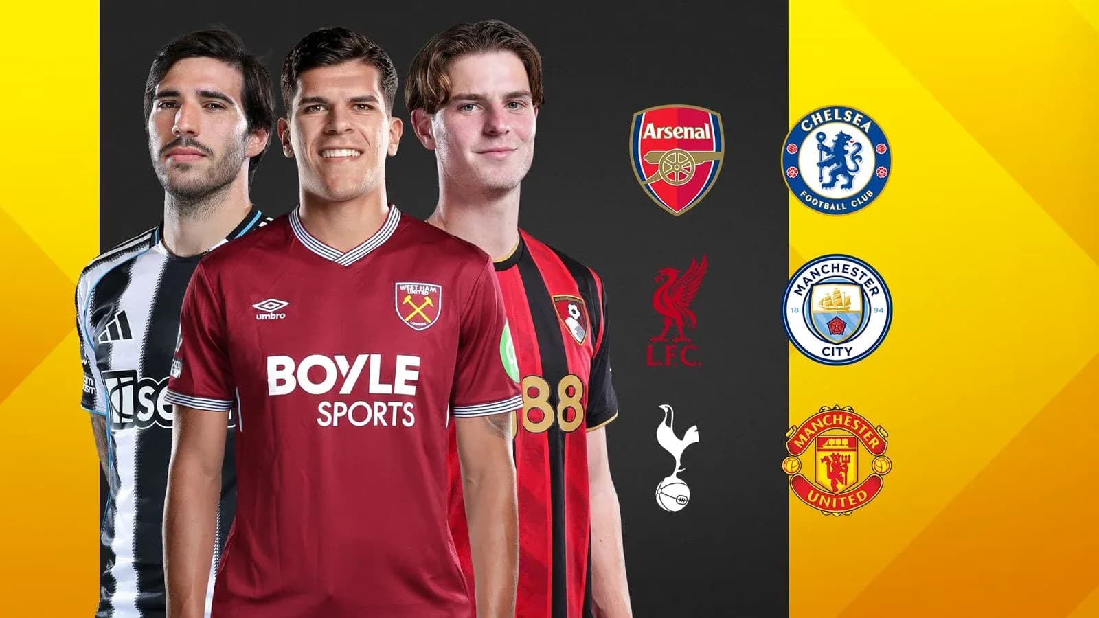Players in club jerseys with logos of teams
