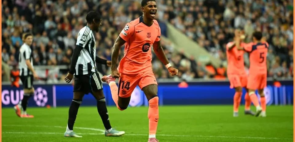 Barcelona player celebrating a goal against Newcastle