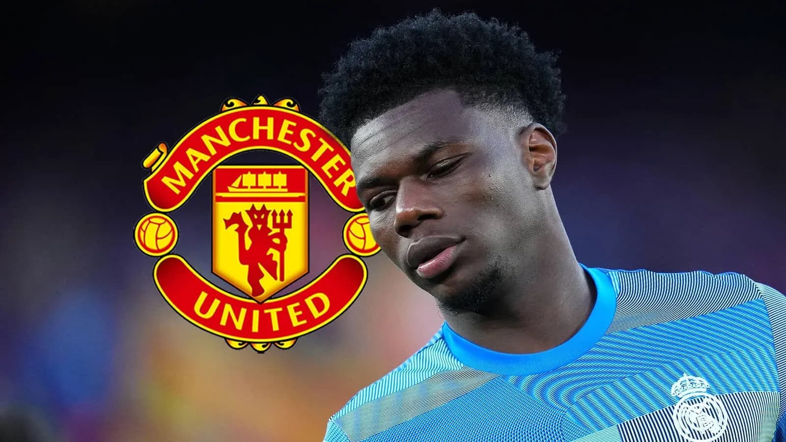 Player in blue kit with Manchester United logo background
