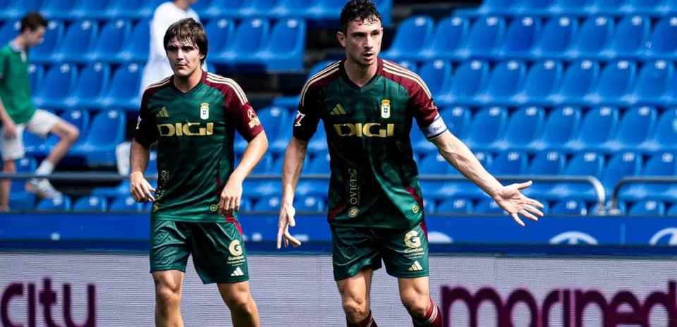 Oviedo players celebrating during La Liga match
