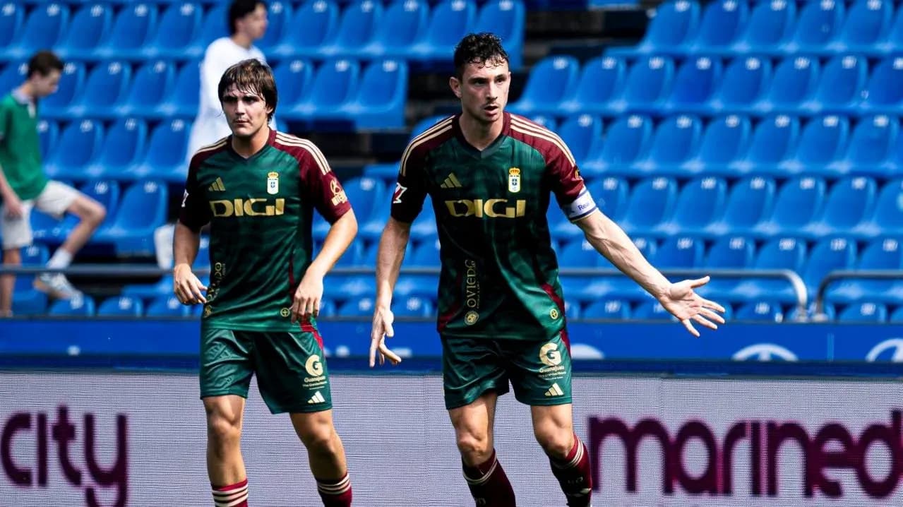 Oviedo players celebrating during La Liga match