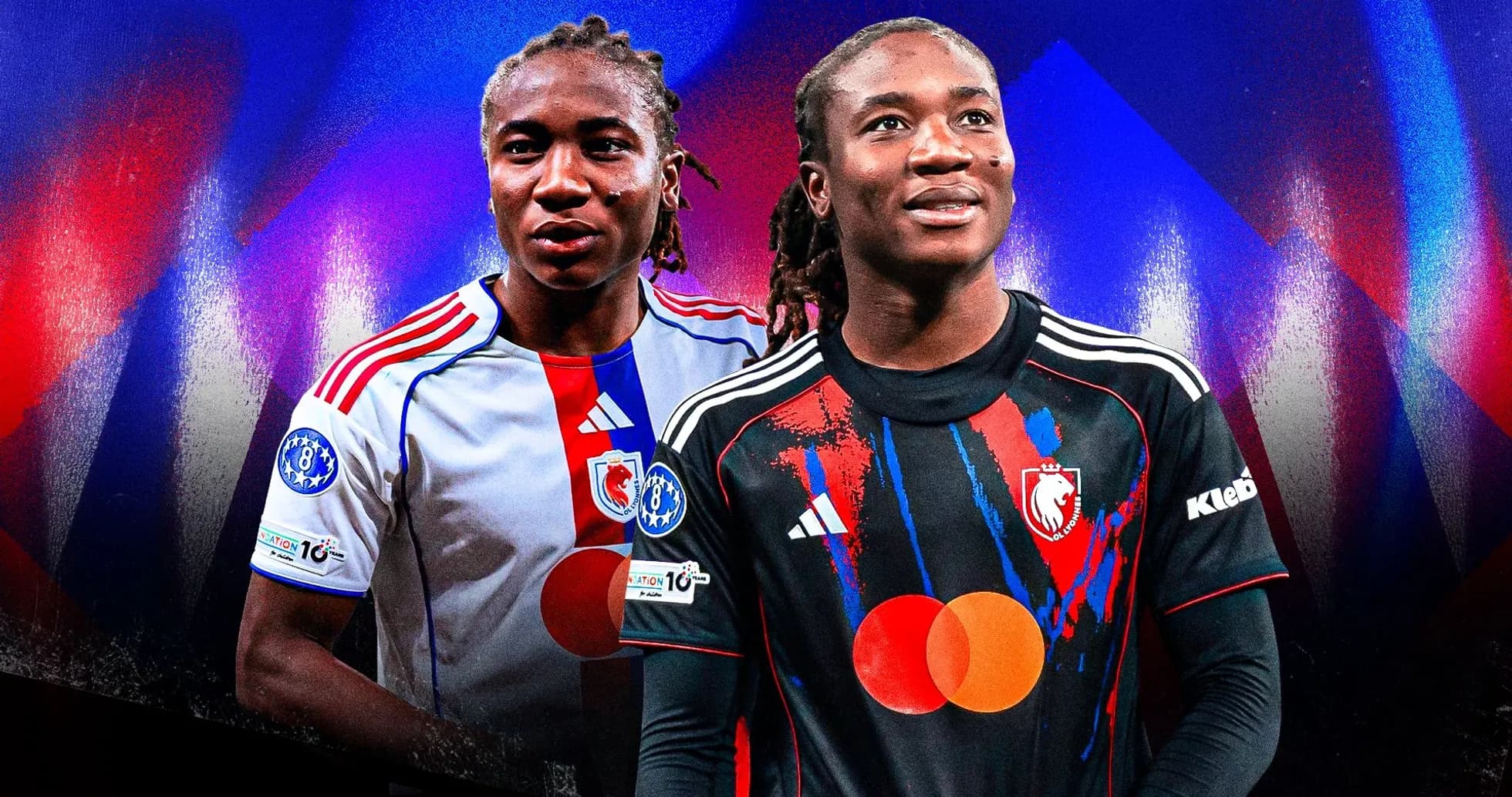 Two players in football kits against a colorful background