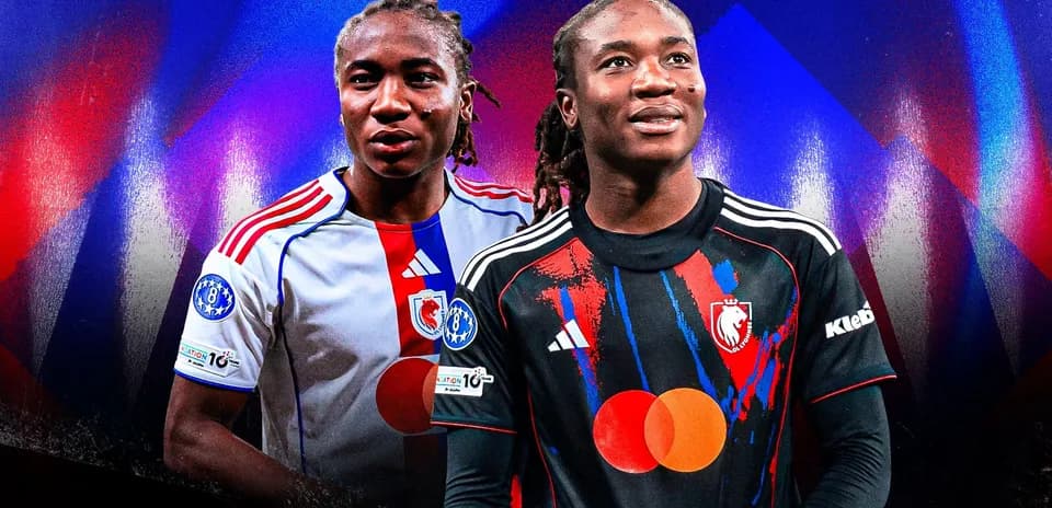 Two players in football kits against a colorful background
