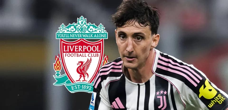 Player in Juventus kit with Liverpool logo background