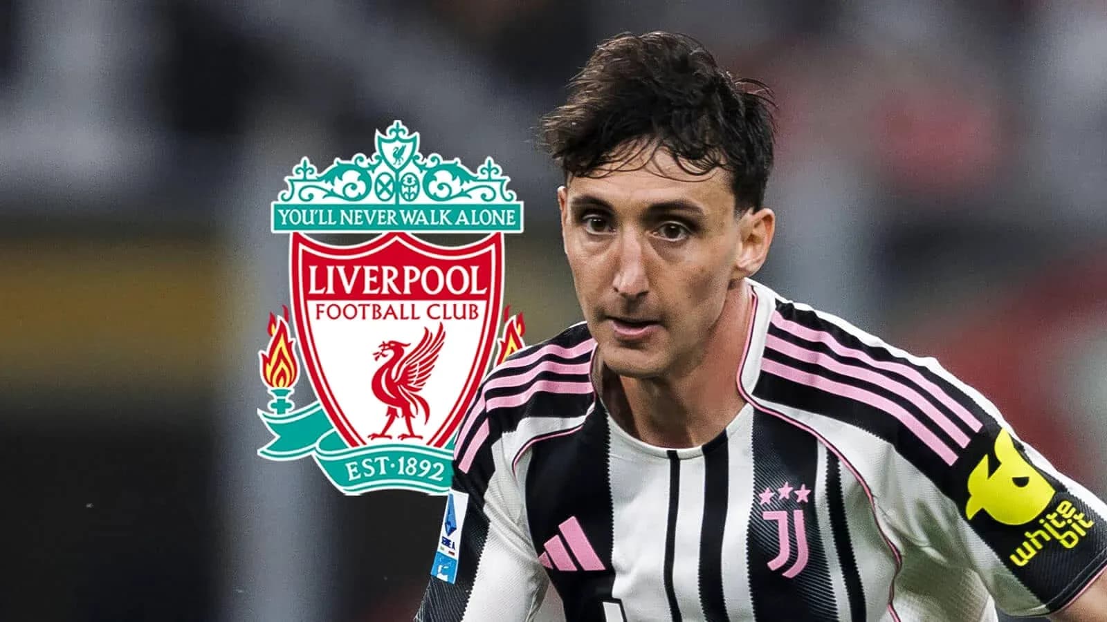 Player in Juventus kit with Liverpool logo background