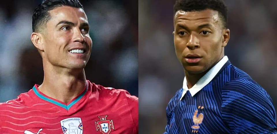 Cristiano Ronaldo and Kylian Mbappé in team jerseys
