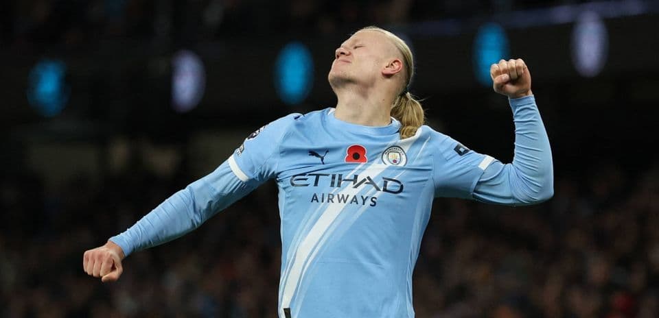 Erling Haaland celebrating after scoring a goal