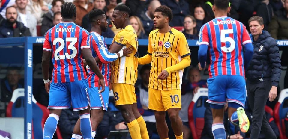 Crystal Palace and Brighton players on field.