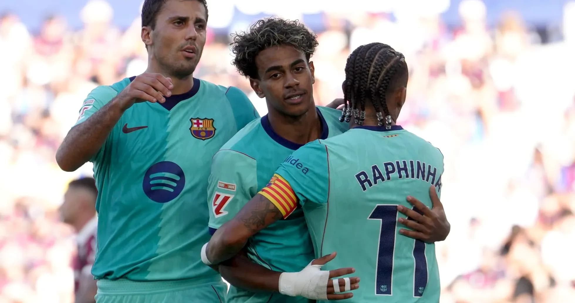 Barcelona players celebrating a goal