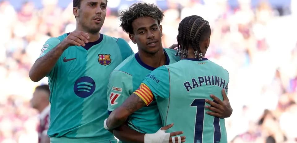 Barcelona players celebrating a goal