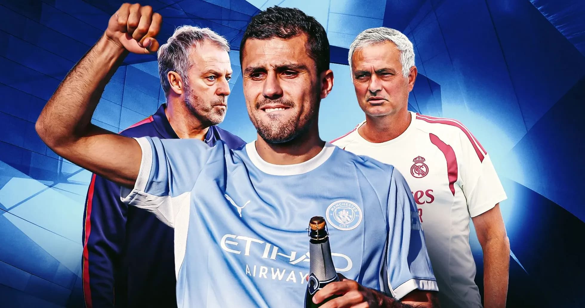 Celebrating player with champagne, coaches in background