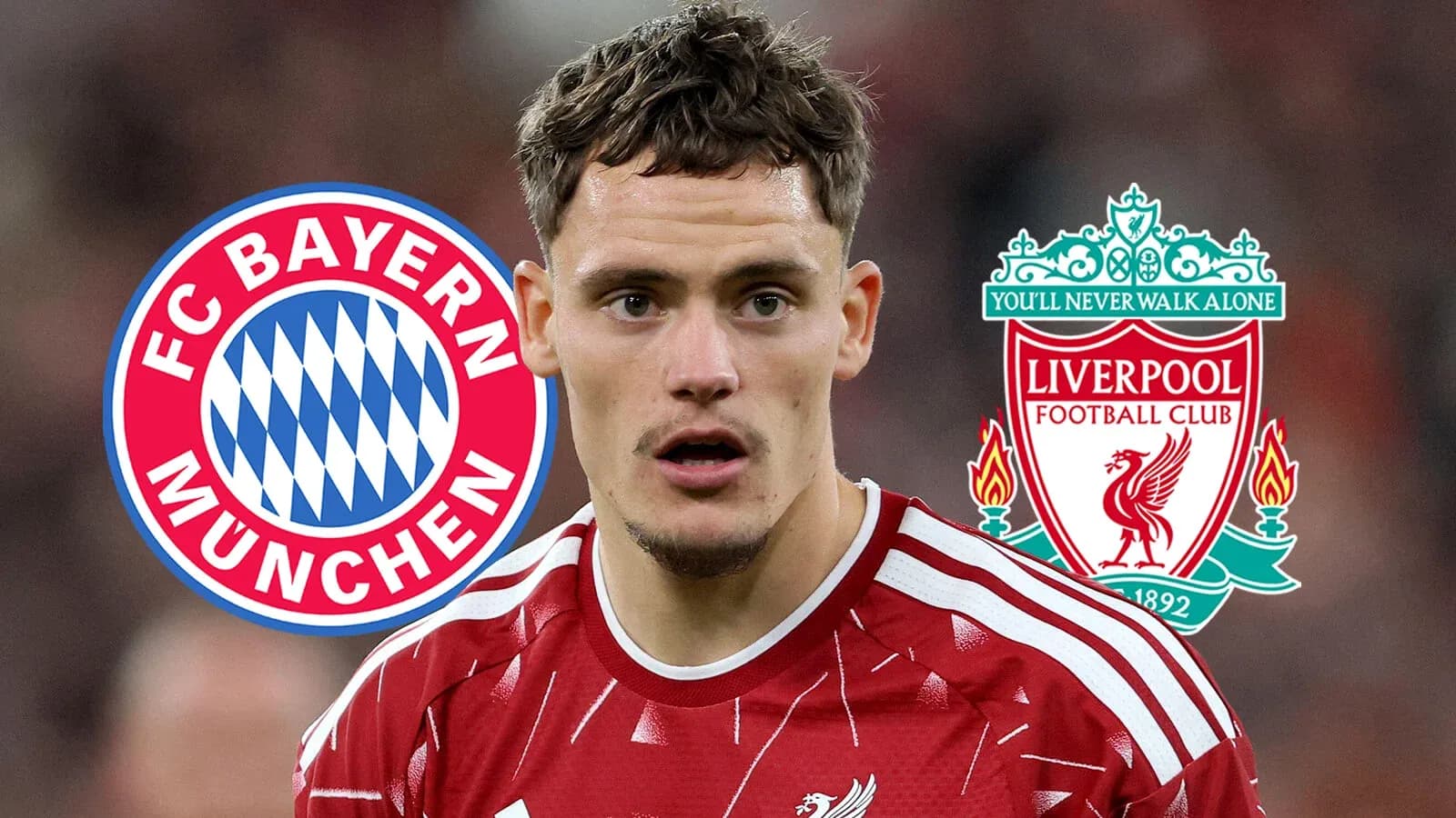 Player with FC Bayern and Liverpool logos in background