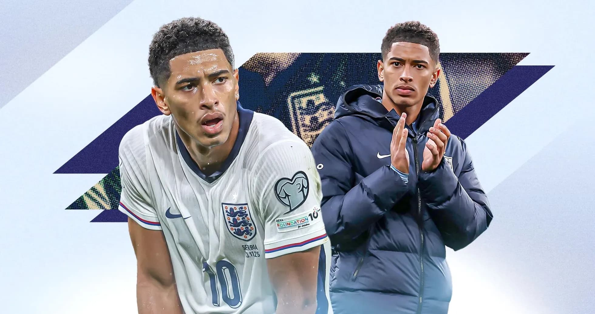 Player in England kit and another in jacket applauding