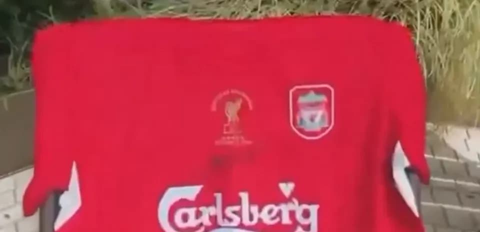Red Liverpool jersey with Carlsberg logo displayed outdoors