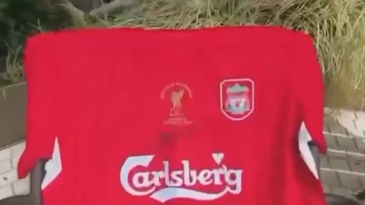Red Liverpool jersey with Carlsberg logo displayed outdoors