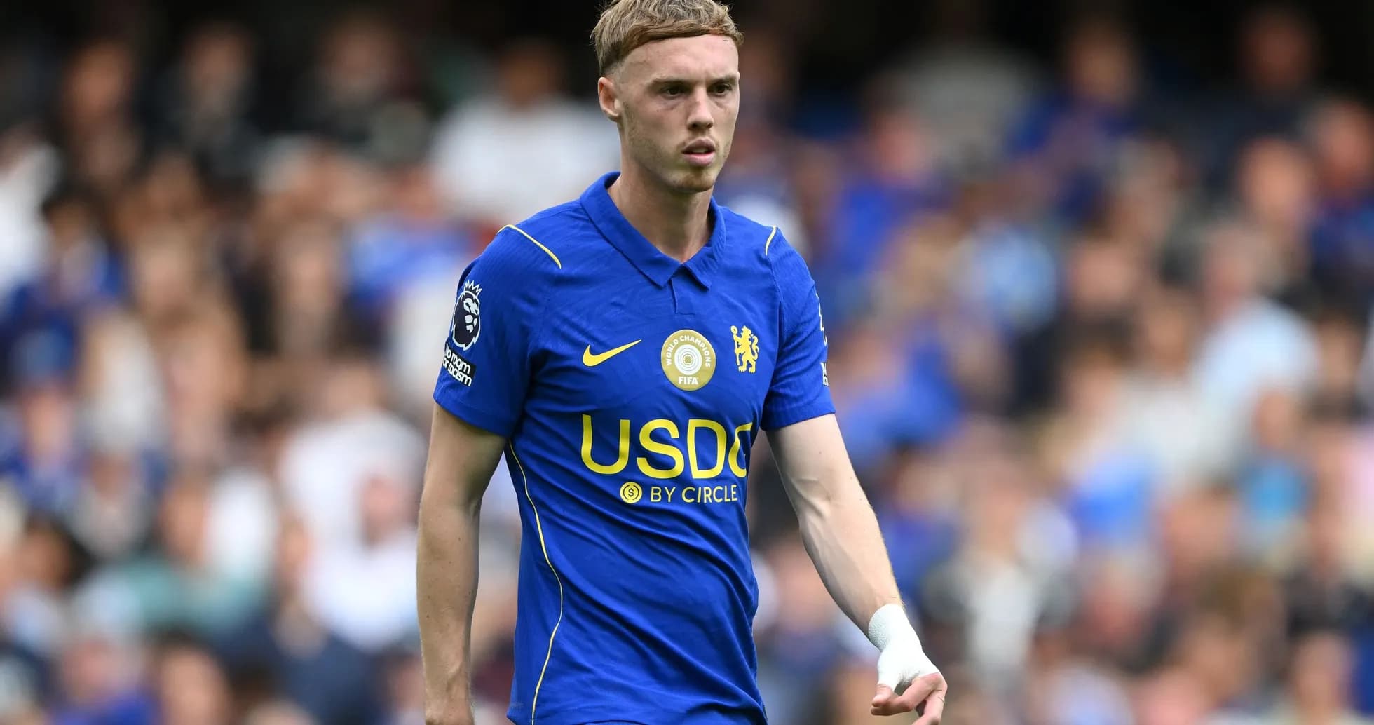 Player in blue Chelsea kit during match