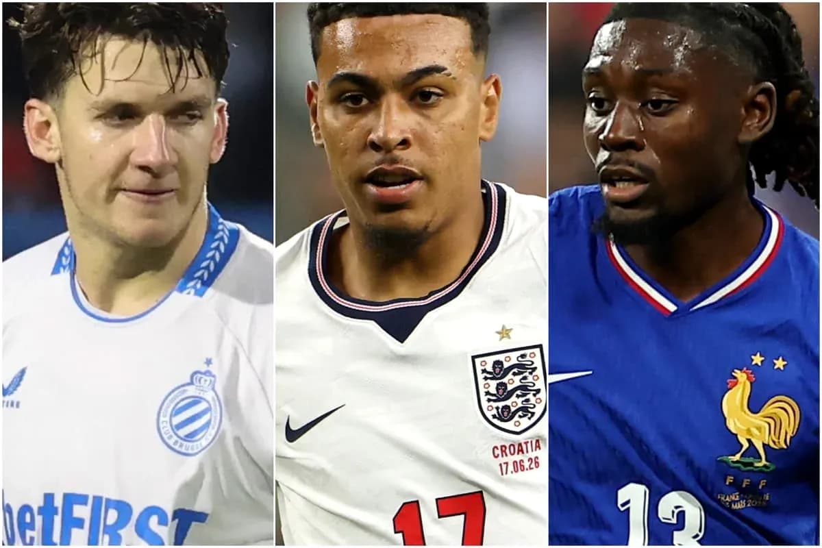 Three football players in national team jerseys