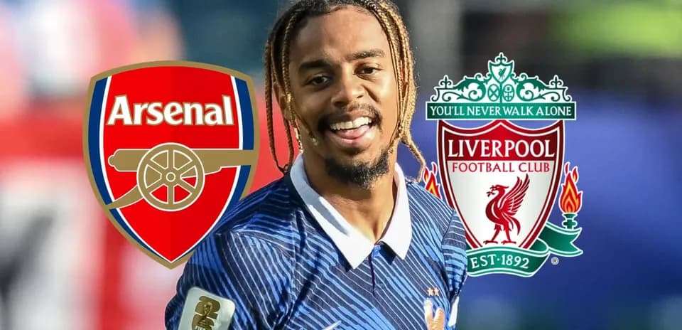 Player smiling with Arsenal and Liverpool logos