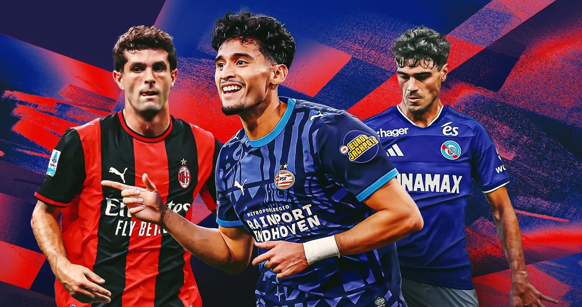 Three football players from different teams in action