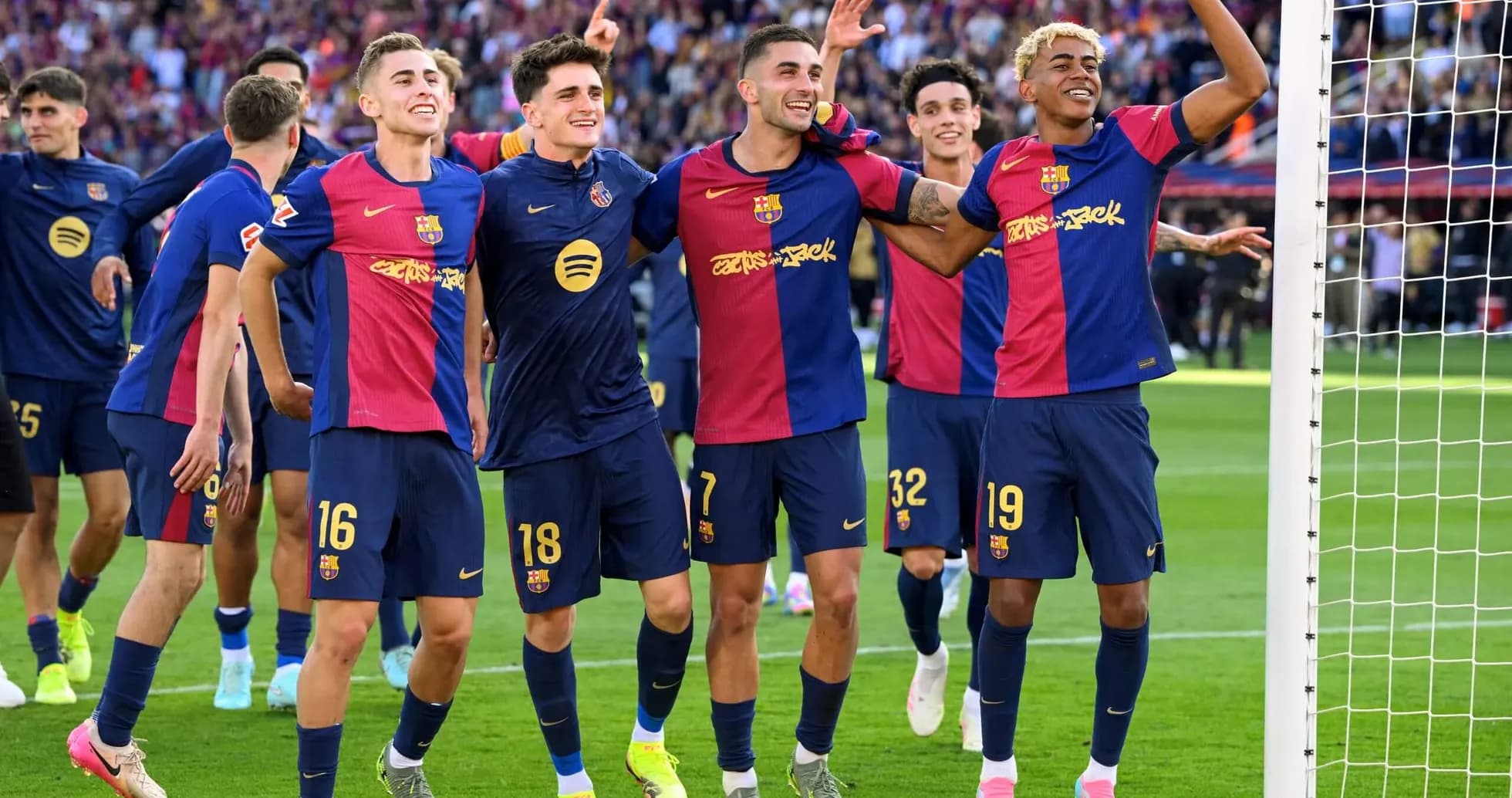 Barcelona players celebrating a goal during match